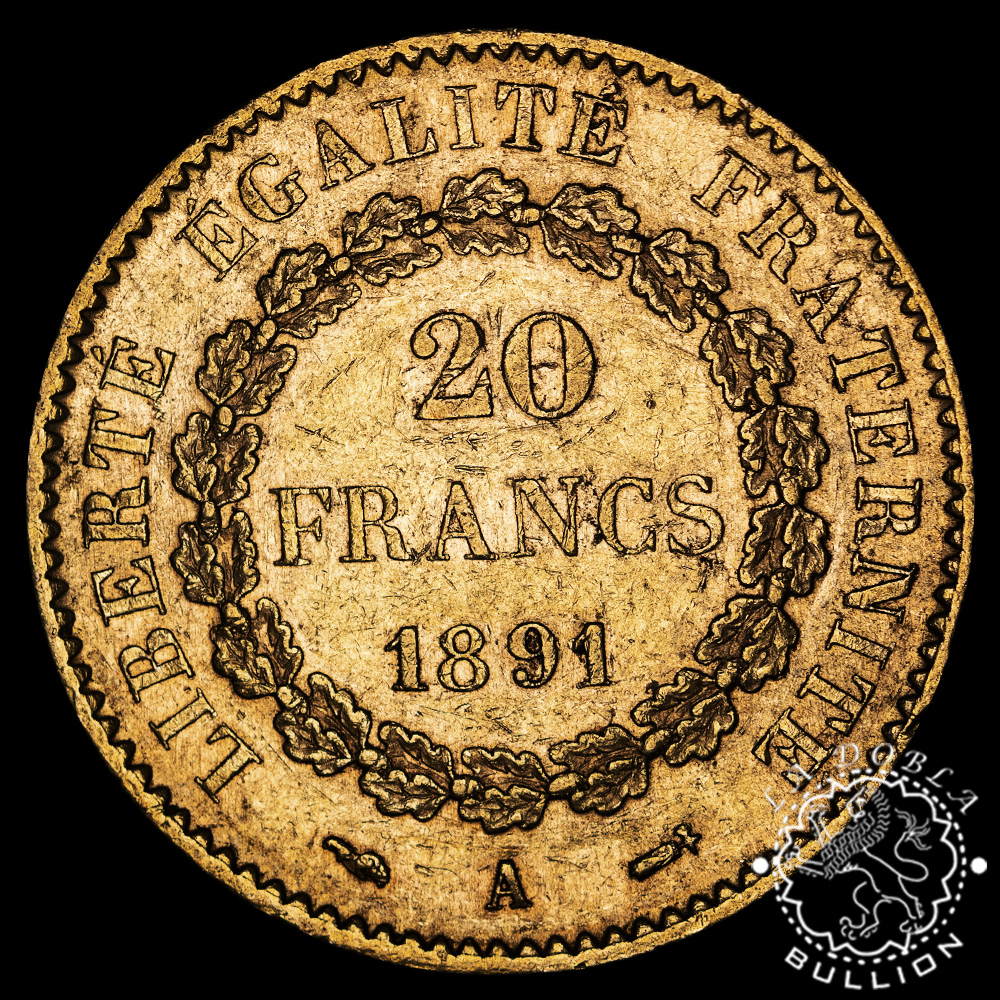 Moneda de Oro 20 Francos Franceses Angel (Genio) – Francia – 1871 a 1898 - Reverso