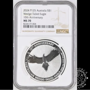 Moneda de Plata 10 Aniversario Wedge Tailed Eagle 1 oz BU - Australia - 2024 -Encapsulada por NGC - MS70 - Reverso