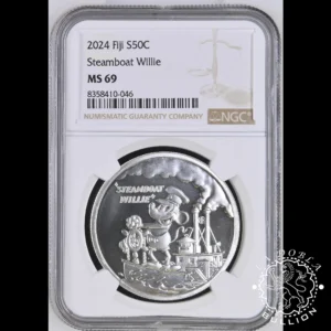Moneda de Plata Mickey Mouse Steamboat Willie 1 oz BU - Fiji - 2024 - NGC MS69