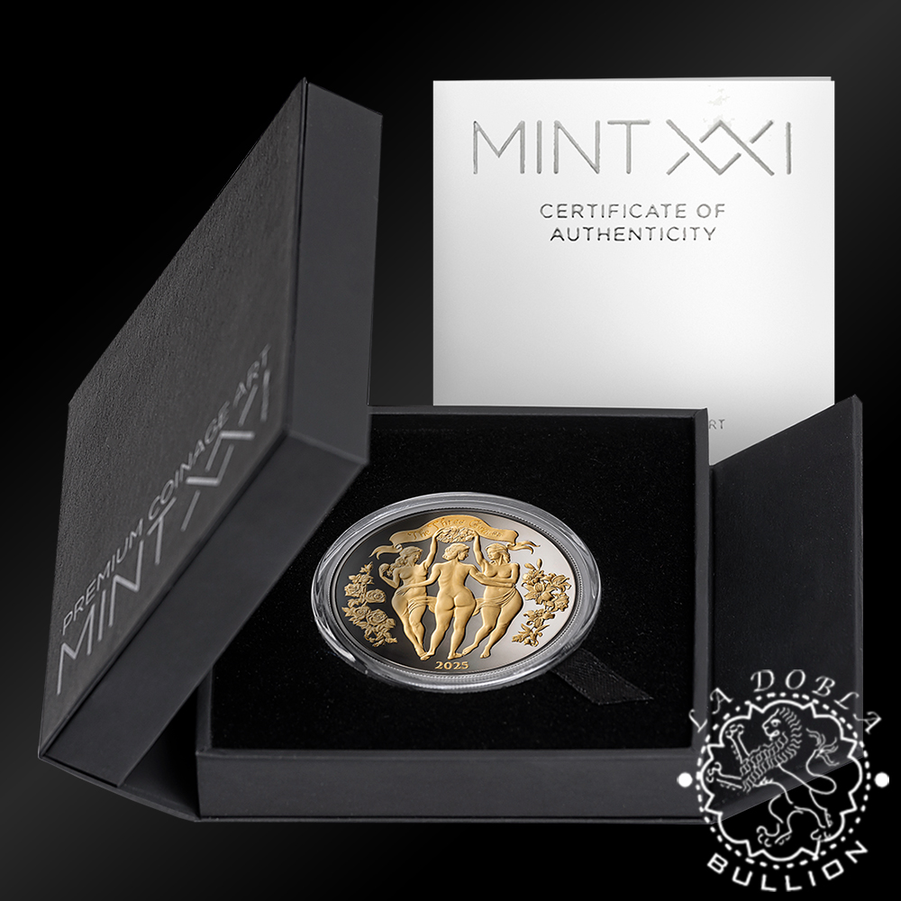 Moneda de Plata Las Tres Gracias Enigma Edition 1 oz BU - Camerún - 2025 - Estuche Abierto