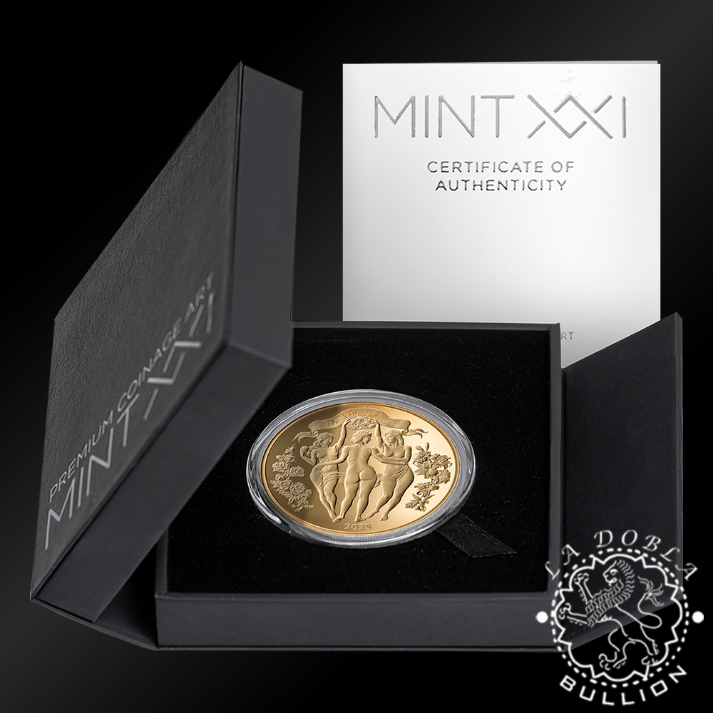 Moneda de Plata Las Tres Gracias Golden Edition 1 oz BU - Camerún - 2025 - Estuche Abierto