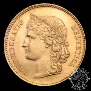 Moneda de Oro 20 Francos Suizos Helvética (Serie Libertas) - Suiza - 1883 a 1896 - Anverso
