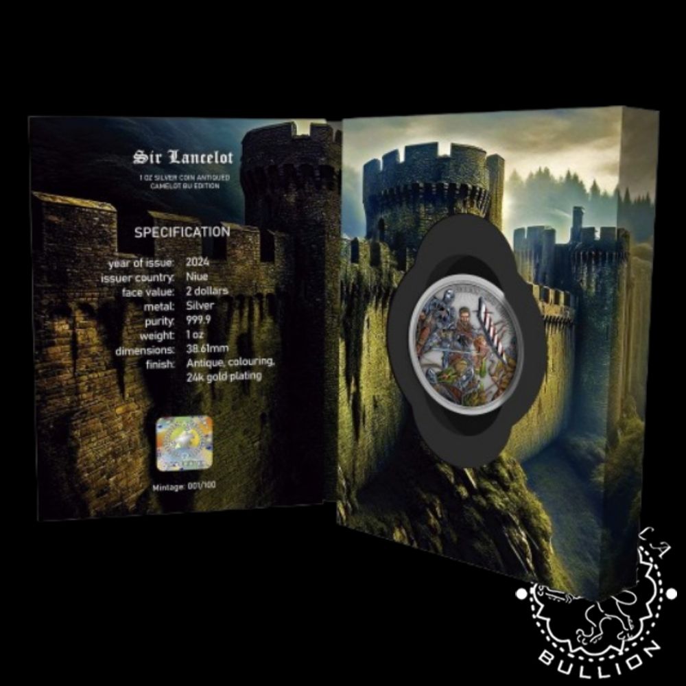Moneda de Plata Camelot Sir Lancelot 1 oz BU Antique Finish - Niue - 2024 - Estuche Dentro
