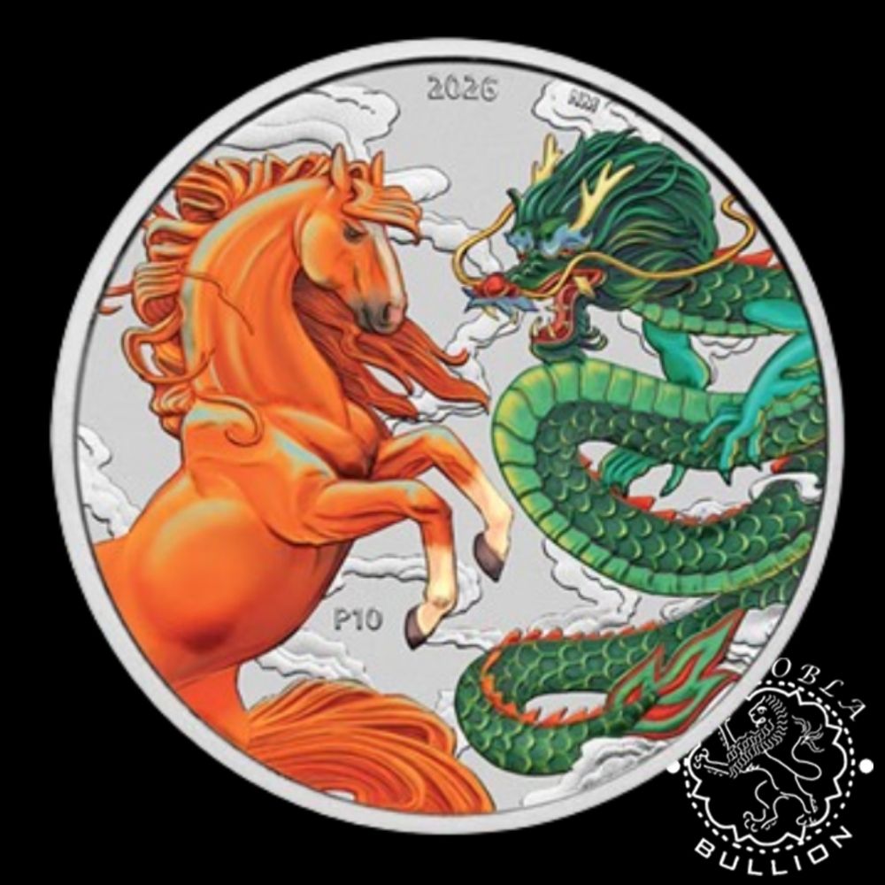 Moneda de Plata Chinese Myths and Legends Dragon and Horse 1 oz Fire and Earth BU - Australia - 2026 - Reverso