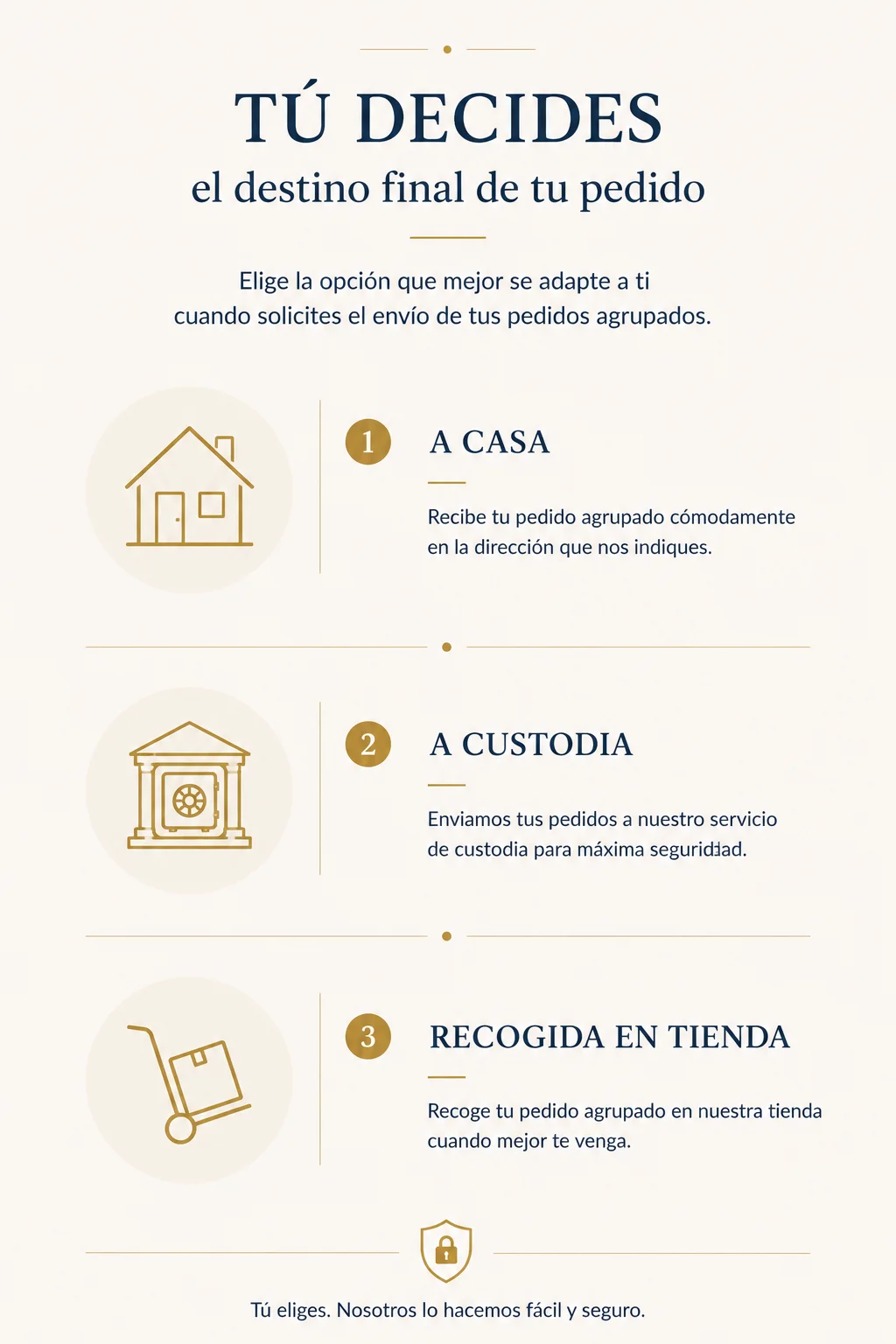 Opciones para recibir los pedidos agrupados: envío a domicilio, servicio de custodia o recogida en tienda