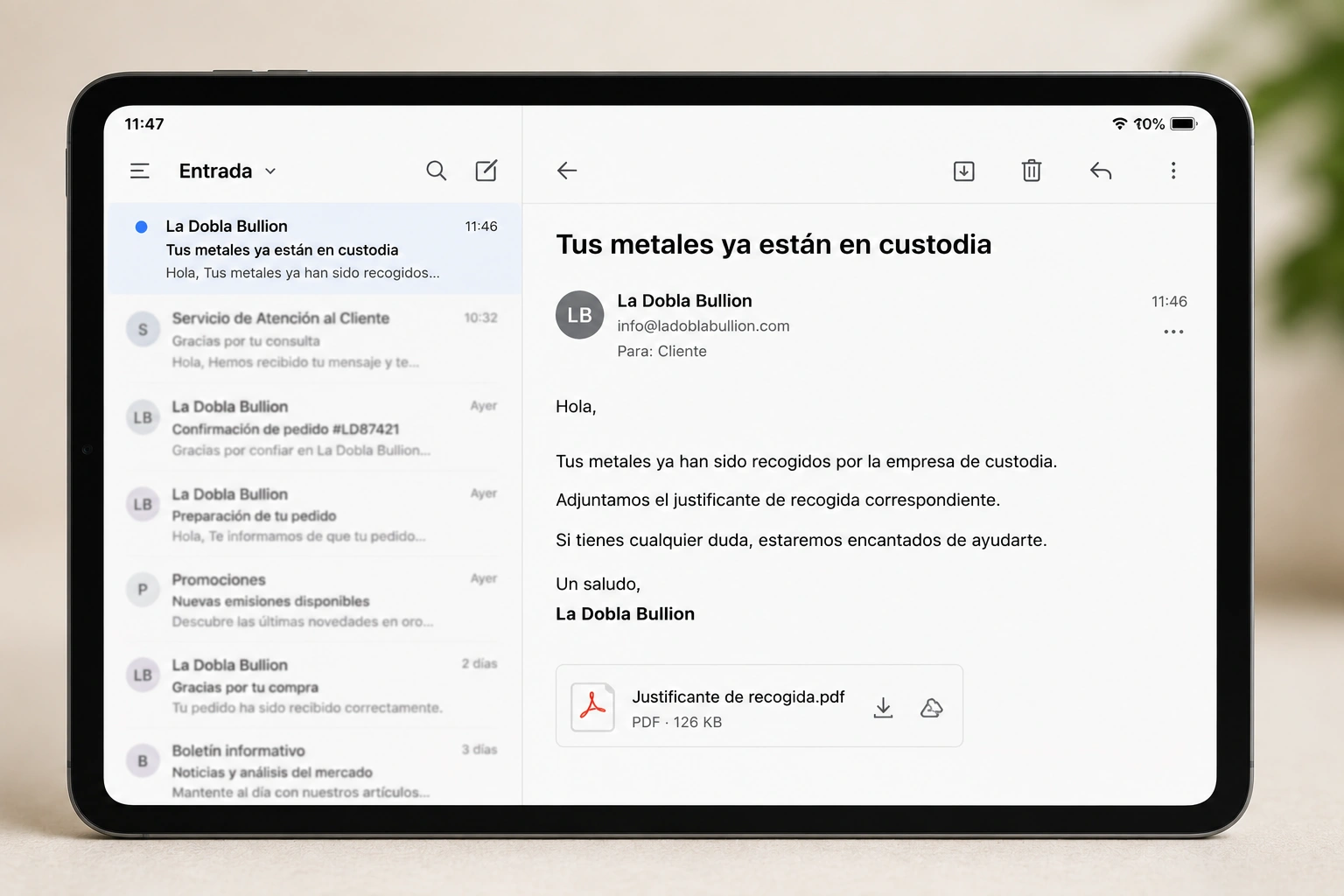 Correo con el justificante de recogida de un depósito