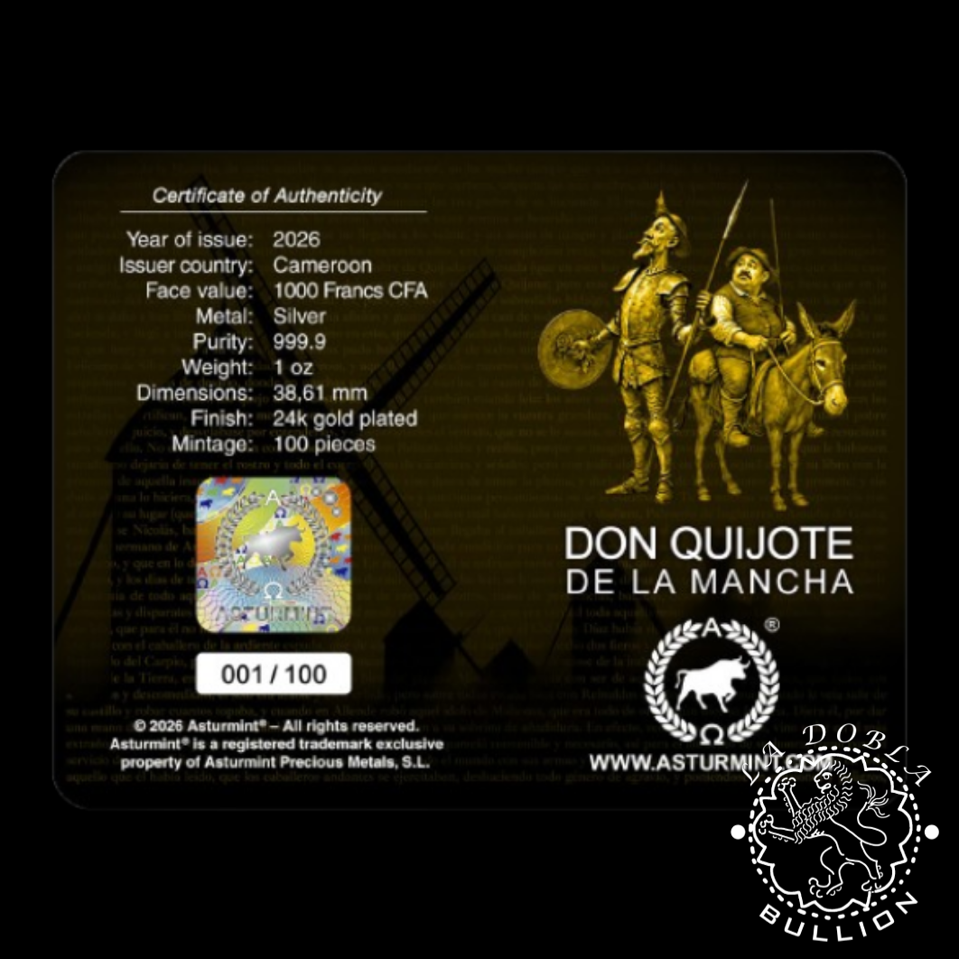Moneda de Plata Don Quijote de la Mancha 1 oz Full Gilding - Camerún - 2026 - Blister Atrás