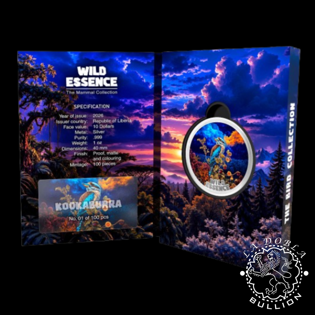 Moneda de Plata Wild Essence - The Bird Collection Kookaburra 1 oz Proof - Liberia - 2026 - Blister Dentro