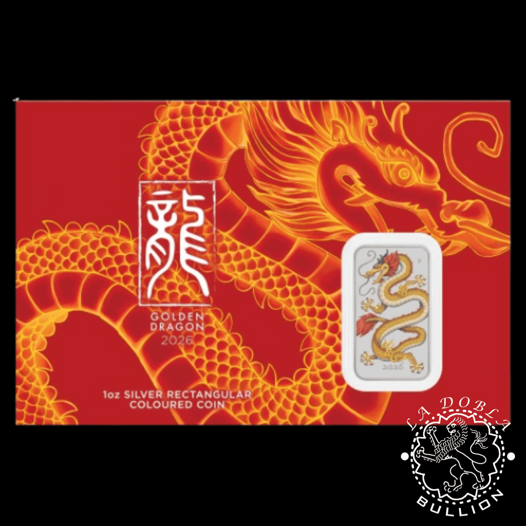 Lingote-Moneda de Plata Dragón Rectangular Coloreado Golden Dragon 1 oz BU - Australia - 2026 - Coincard Delante