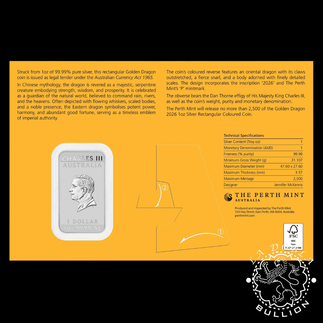 Lingote-Moneda de Plata Dragón Rectangular Coloreado Golden Dragon 1 oz BU - Australia - 2026 - Coincard Detrás
