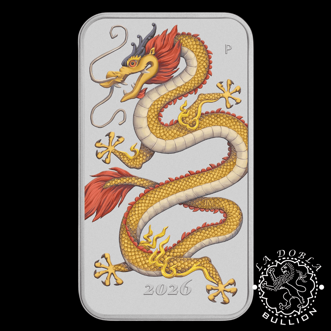 Lingote-Moneda de Plata Dragón Rectangular Coloreado Golden Dragon 1 oz BU - Australia - 2026 - Reverso