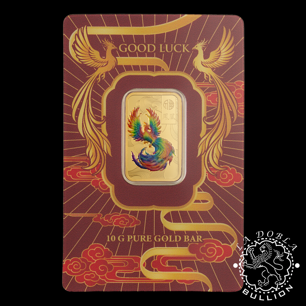 Lingote de Oro Good Luck Phoenix Prooflike Color 10 g - PAMP - Blister Delante