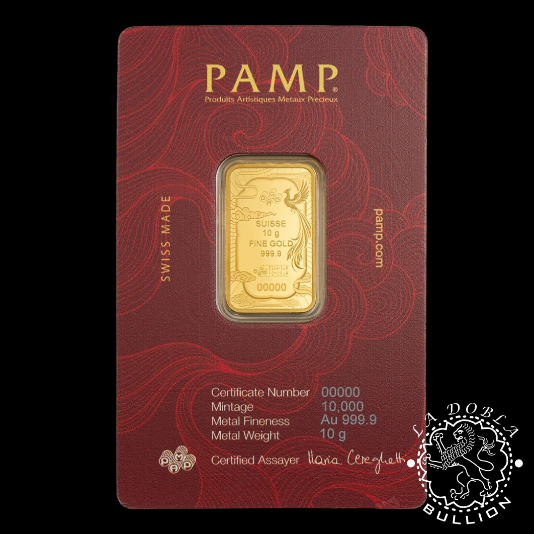 Lingote de Oro Good Luck Phoenix Prooflike Color 10 g - PAMP - Blister Detrás