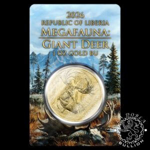 Moneda de Oro Megafauna Ciervo Gigante 1 oz BU - Liberia - 2026 - Blister Delante