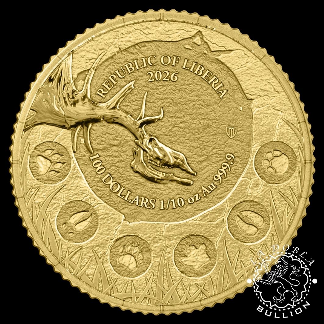Moneda de Oro Megafauna Ciervo Gigante 110 oz BU - Liberia - 2026 - Anverso
