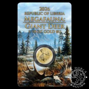 Moneda de Oro Megafauna Ciervo Gigante 110 oz BU - Liberia - 2026 - Blister Delante