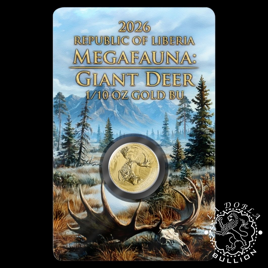 Moneda de Oro Megafauna Ciervo Gigante 110 oz BU - Liberia - 2026 - Blister Delante