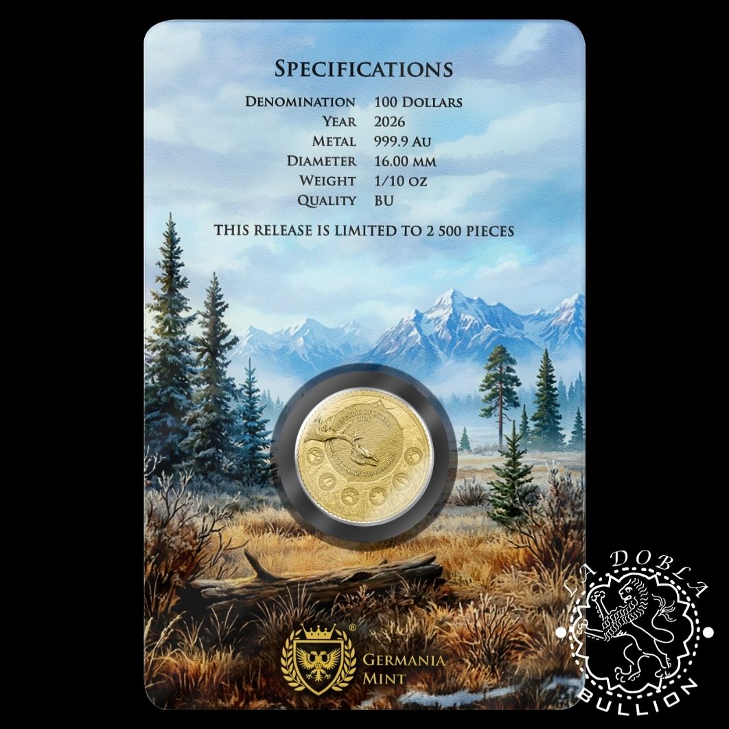 Moneda de Oro Megafauna Ciervo Gigante 110 oz BU - Liberia - 2026 - Blister Detrás