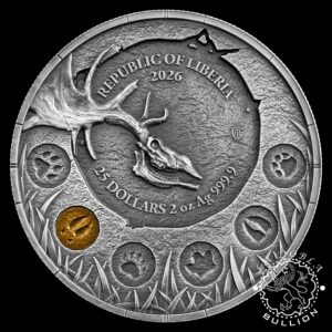 Moneda de Plata Megafauna Ciervo Gigante 2 oz UHR - Liberia - 2026 - Anverso