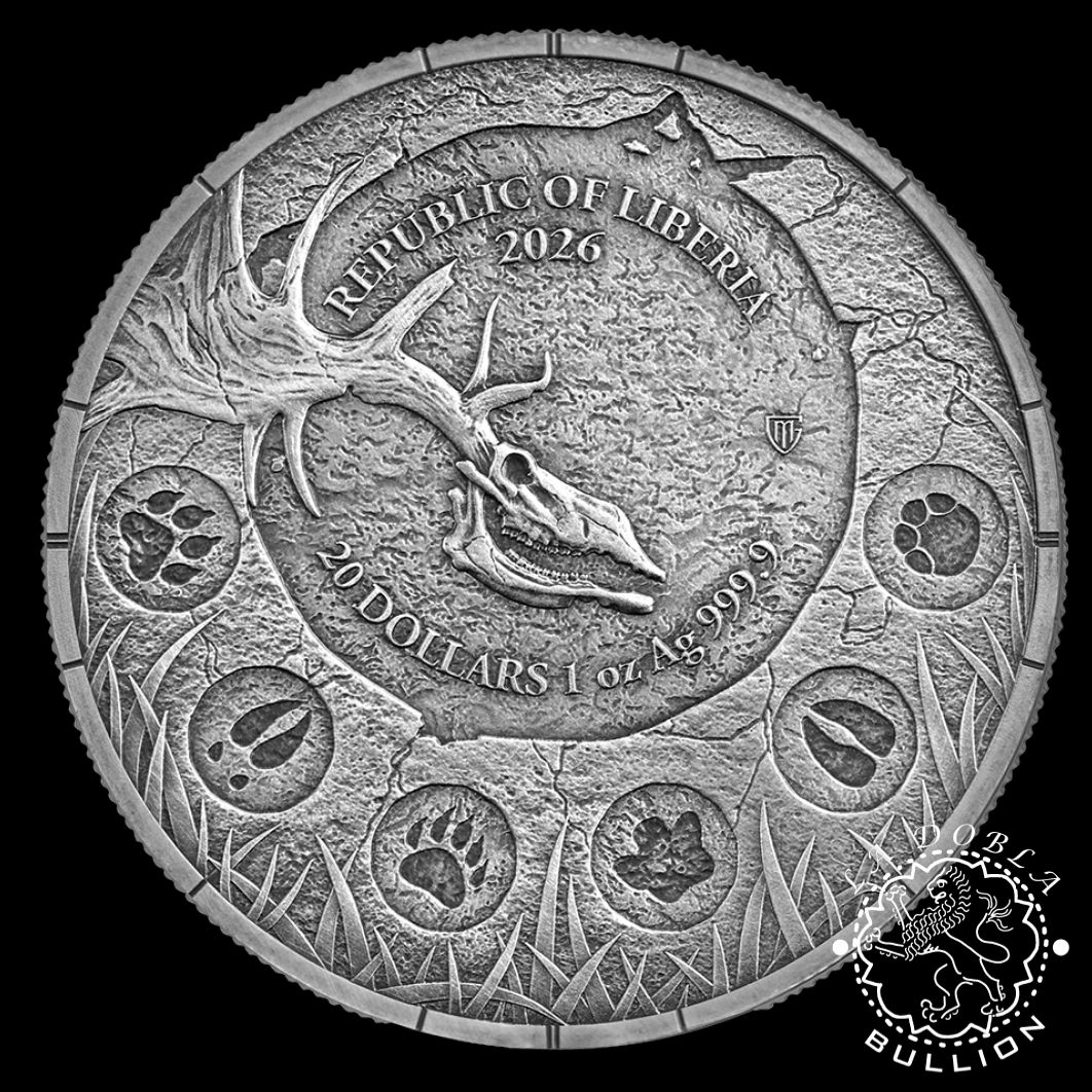 Moneda de Plata Megafauna Oblivion Ciervo Gigante 1 oz BU - Liberia - 2026 - Anverso