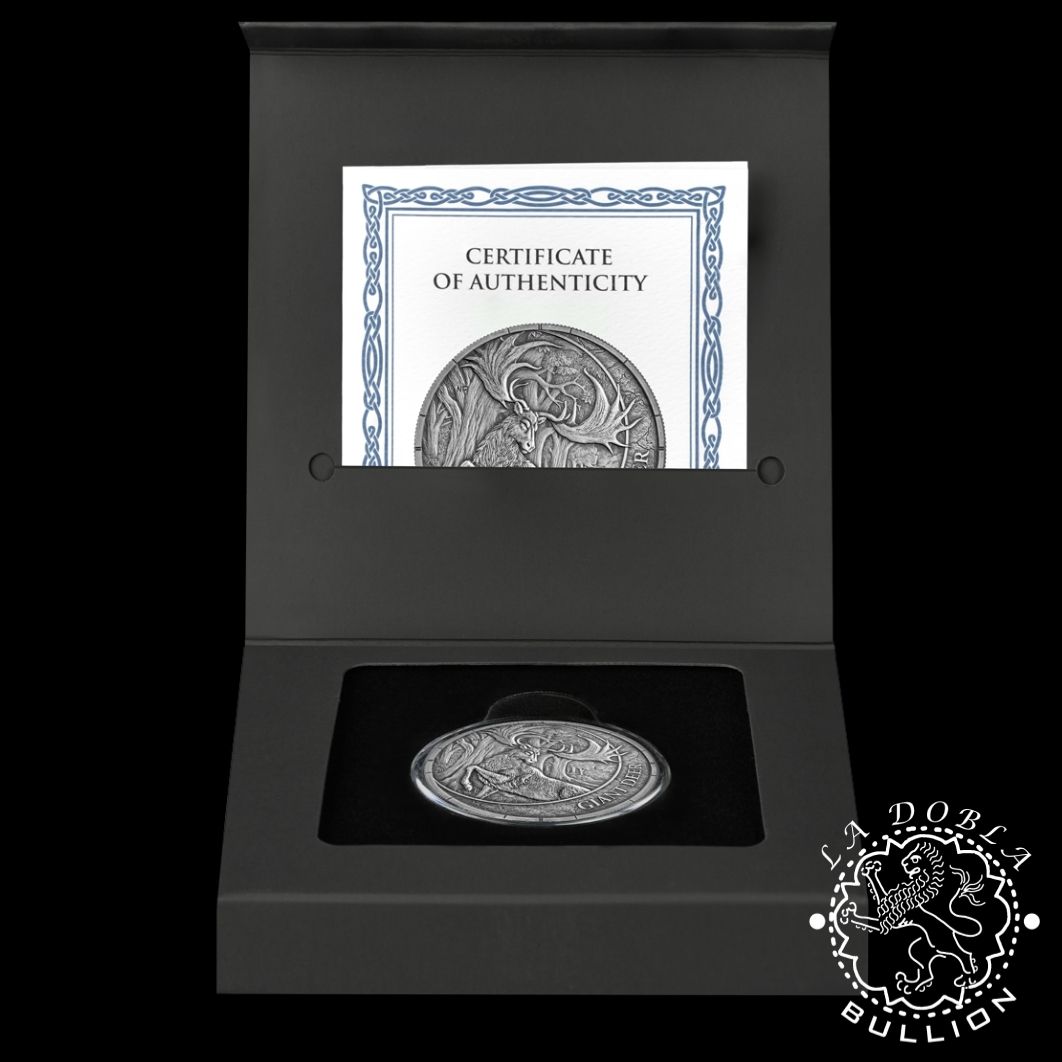 Moneda de Plata Megafauna Oblivion Ciervo Gigante 1 oz BU - Liberia - 2026 - Estuche Abierto
